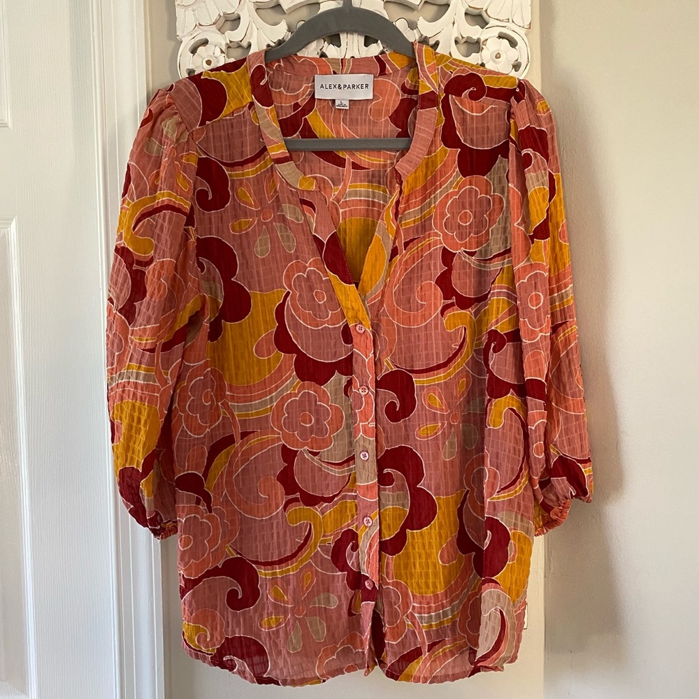 Alex & Parker Retro 70s Vibe Flower Groovy Hippie Mod Blouse Top Sz L